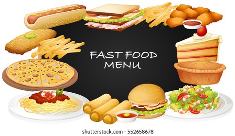 Different kinds of fastfood on menu illustration