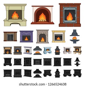Different kinds of fireplaces cartoon, black icons in set collection for design.Fireplaces construction vector symbol stock web illustration.