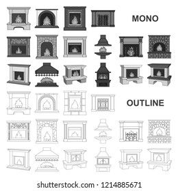 Different kinds of fireplaces monochrom icons in set collection for design.Fireplaces construction vector symbol stock web illustration.