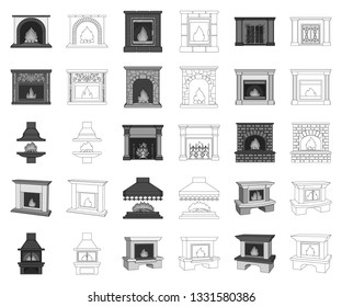 Different kinds of fireplaces monochrome,outline icons in set collection for design.Fireplaces construction vector symbol stock web illustration.