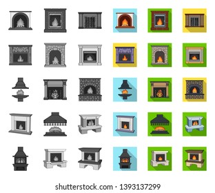 Different kinds of fireplaces mono,flat icons in set collection for design.Fireplaces construction vector symbol stock web illustration.
