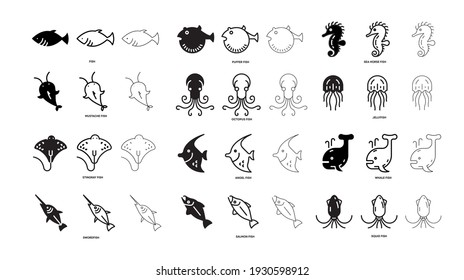 Different kinds of fish line icon set. Such icons include the thin, bold and silhouette fish icon set. Editable line. Fish icon. Fish logo template. Fishing club or online web creative vector icon.