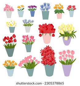 Different kinds of flowers bouquets in vases set. Vector flowers bouquets for flower shop flat illustration