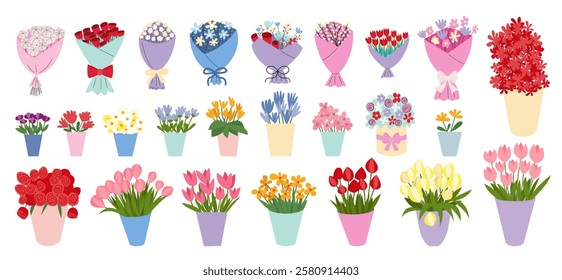 Different kinds of flowers bouquets in vases and flowers in paper set. Vector flowers bouquets for flower shop flat illustration