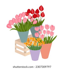 Different kinds flowers set flat vector illustration. Flowers street shop composition