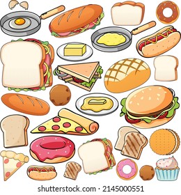 Different kinds of food on white background illustration