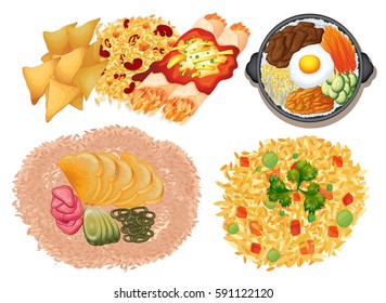 Different kinds of food on white background illustration