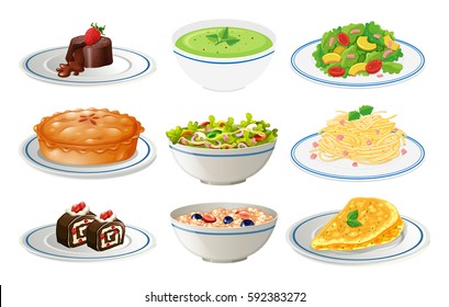 Different Kinds Of Food On White Plates Illustration