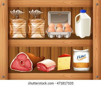 Different kinds of food on wooden shelf illustration