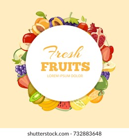 Different kinds of fruits vector background. Badge fresh fruits organic illustration