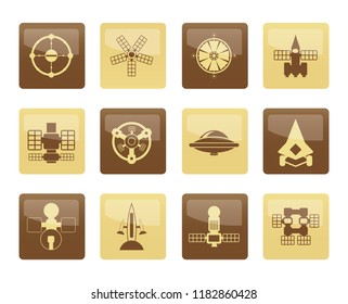 Different kinds of future spacecraft icons over brown background - vector icon set