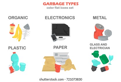 Different kinds of garbage color icons set