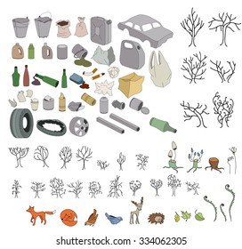 Different kinds of garbage in forests and wildlife isolated on white