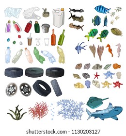 Different kinds of garbage in oceans, sea. Destruction of coral reefs, death of tropic fishes. Isolated on white