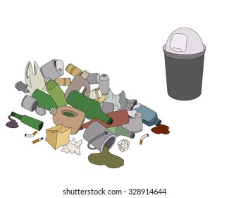 Different kinds of garbage and rubbish bin isolated on white