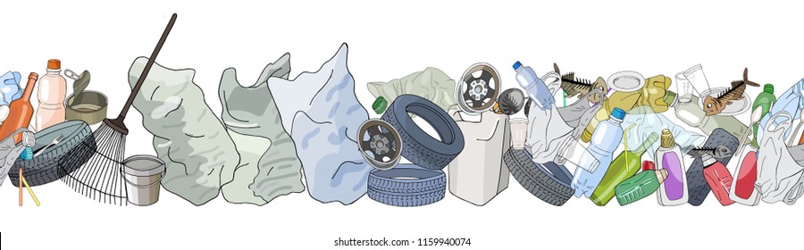 Different kinds of garbage. Seamless pattern brush. The concept of ecology and World Cleanup Day.