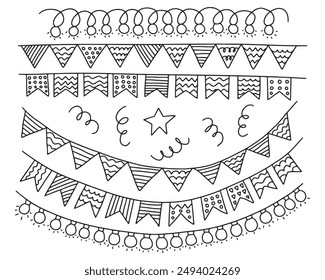 Different kinds of garland and flags vector hand drawn set. Hanging party lamps and garlands with flags doodle set