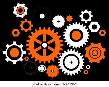 Different kinds of gears on black background