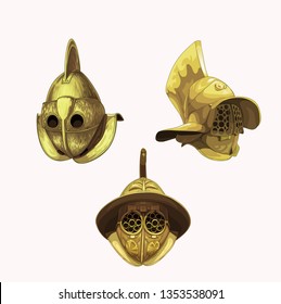Different kinds of Gladiator helmets in ancient Rome, vector illustration
