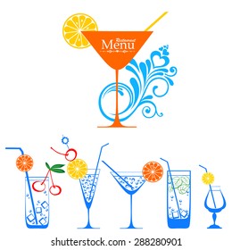 Different kinds of glasses with aperitifs, juice, cocktails, decorated by fruit, mint and colors. Cocktail Collection Isolated on White Background. Vector illustrations.