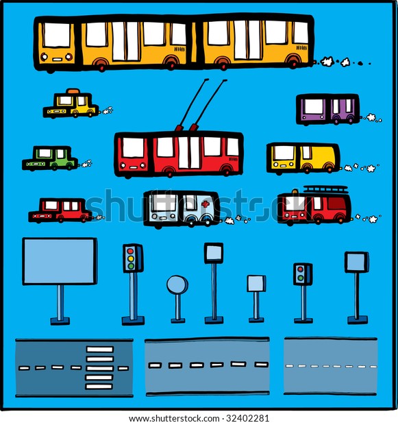 Different kinds of ground\
transport, three images of road and traffic lights a vector\
illustration