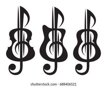 Different kinds of guitar, violin, treble clef.  