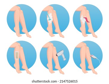 Different kinds of hair removal methods cartoon illustration set. Woman shaving legs with razor, removing hairs with wax, laser, epilator or cream. Depilation, beauty salon, hygiene concept