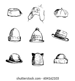 Different kinds of hand drawn hats.Sketch, vector illustration.