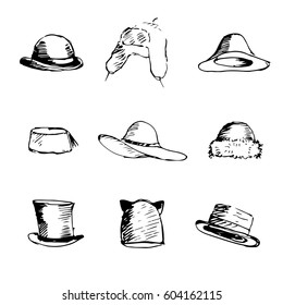 Different kinds of hand drawn hats.Sketch, vector illustration.