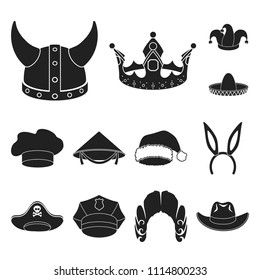 Different kinds of hats black icons in set collection for design.Headdress vector symbol stock web illustration.