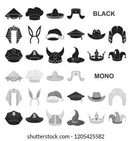 Different kinds of hats black icons in set collection for design.Headdress vector symbol stock web illustration.