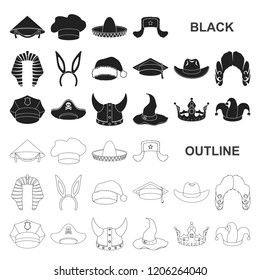 Different kinds of hats black icons in set collection for design.Headdress vector symbol stock web illustration.