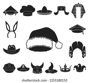 Different kinds of hats black icons in set collection for design.Headdress vector symbol stock web illustration.