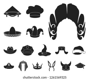 Different kinds of hats black icons in set collection for design.Headdress vector symbol stock web illustration.