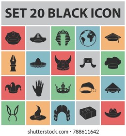 Different kinds of hats black icons in set collection for design.Headdress vector symbol stock web illustration.