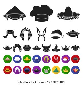 Different kinds of hats black,flat icons in set collection for design.Headdress vector symbol stock web illustration.
