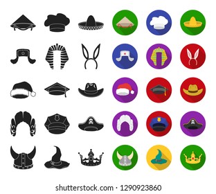 Different kinds of hats black,flat icons in set collection for design.Headdress vector symbol stock web illustration.