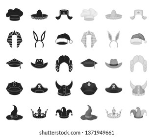 Different kinds of hats black.mono icons in set collection for design.Headdress vector symbol stock web illustration.