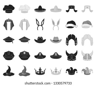 Different kinds of hats black,monochrome icons in set collection for design.Headdress vector symbol stock web illustration.