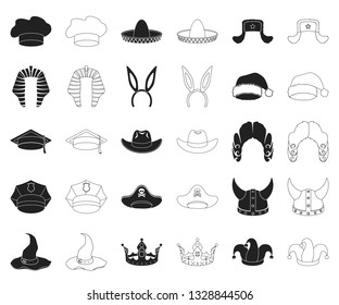 Different kinds of hats black,outline icons in set collection for design.Headdress vector symbol stock web illustration.