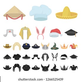 Different kinds of hats cartoon, black icons in set collection for design.Headdress vector symbol stock web illustration.