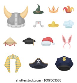 Different kinds of hats cartoon icons in set collection for design.Headdress vector symbol stock web illustration.