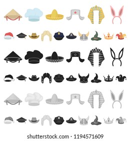 Different kinds of hats cartoon icons in set collection for design.Headdress vector symbol stock web illustration.