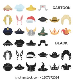 Different kinds of hats cartoon icons in set collection for design.Headdress vector symbol stock web illustration.