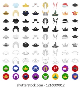 Different kinds of hats cartoon icons in set collection for design.Headdress vector symbol stock web illustration.