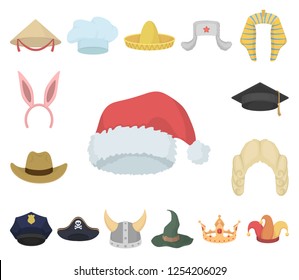 Different kinds of hats cartoon icons in set collection for design.Headdress vector symbol stock web illustration.