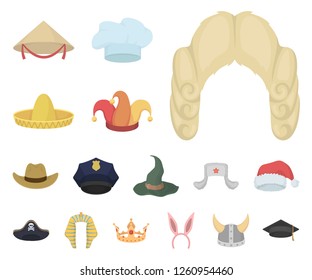 Different kinds of hats cartoon icons in set collection for design.Headdress vector symbol stock web illustration.