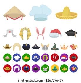 Different kinds of hats cartoon,flat icons in set collection for design.Headdress vector symbol stock web illustration.