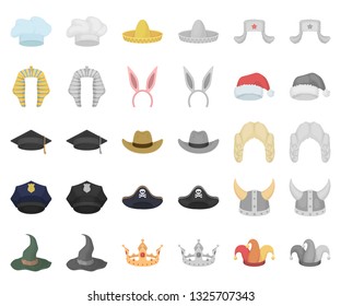 Different kinds of hats cartoon,monochrom icons in set collection for design.Headdress vector symbol stock web illustration.