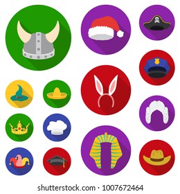 Different kinds of hats flat icons in set collection for design.Headdress vector symbol stock web illustration.